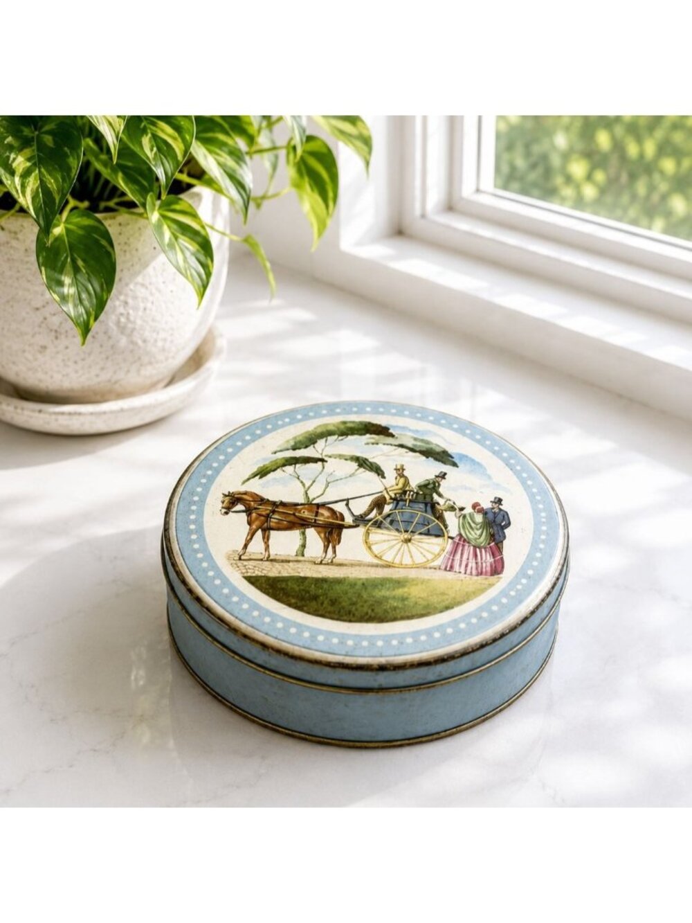 Vintage Round Metal Tin With Horse & Carriage Scene Blue Polka Dot Design Decora